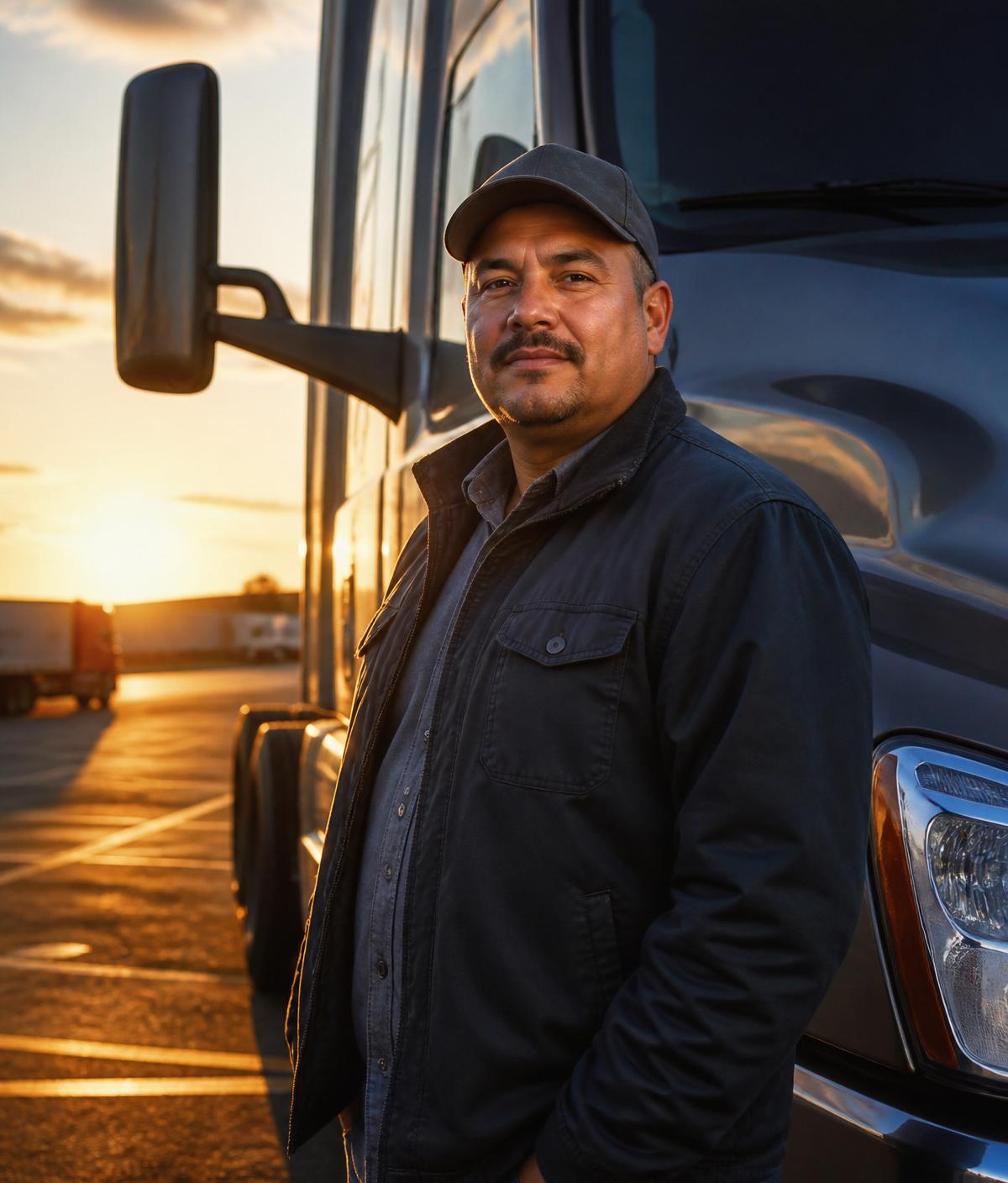Professional truck driver next to his semi-truck cab