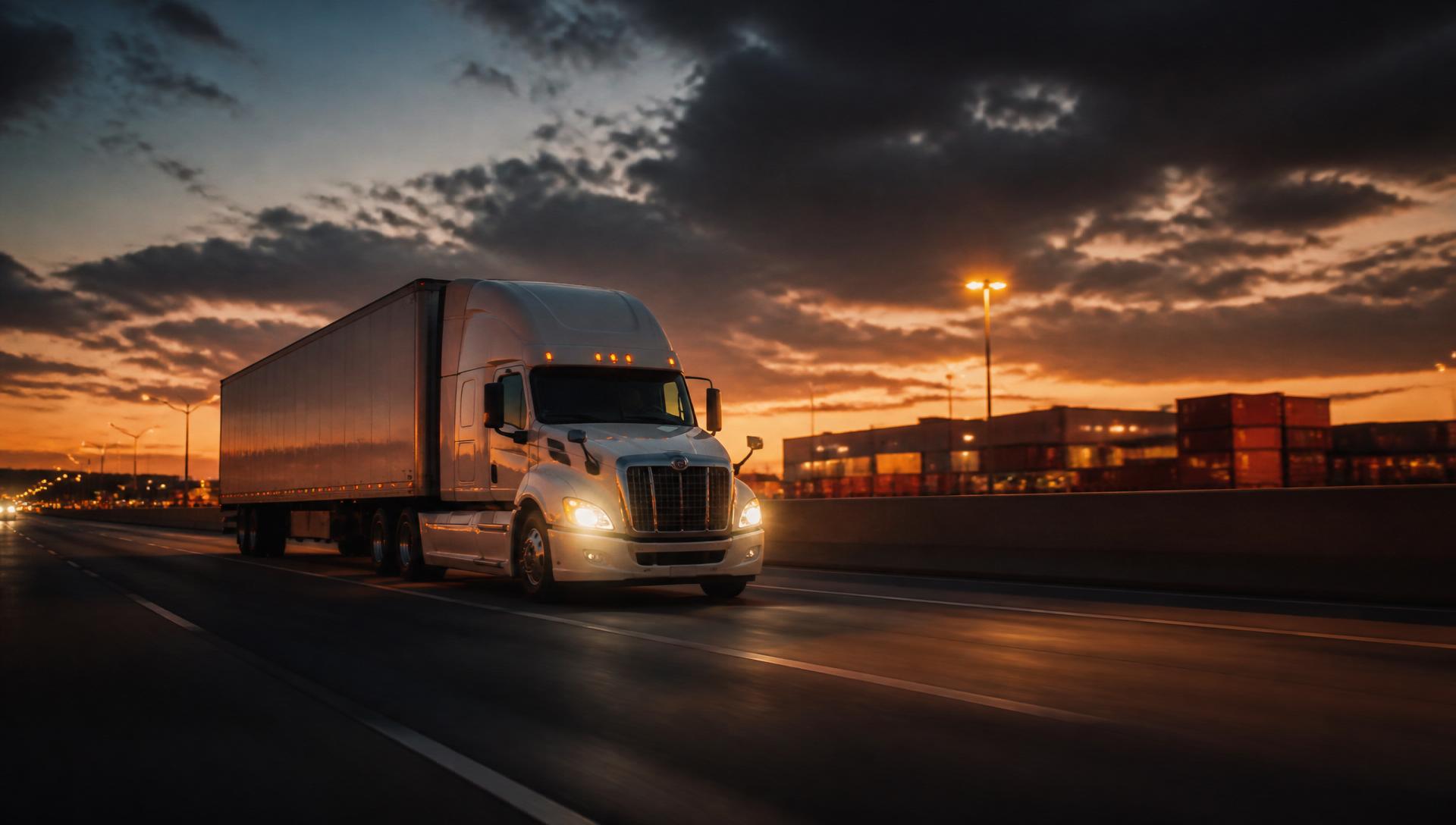 Semi-truck on a highway at dusk moving freight