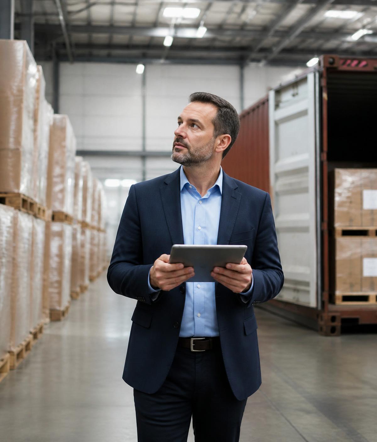 Shipping manager inspecting warehouse inventory with a tablet